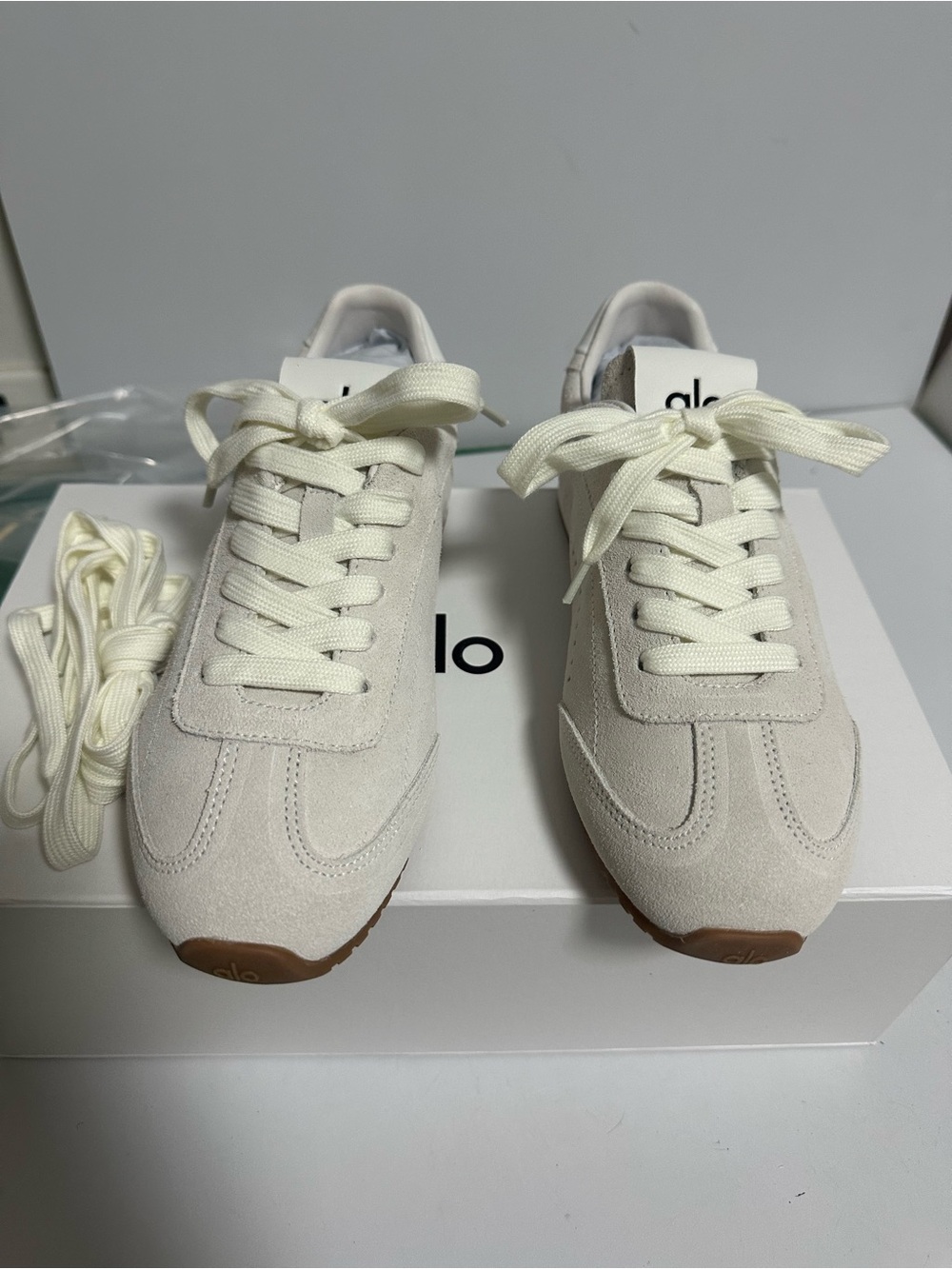 ALO Yoga Women's Suede Retro Sneakers in Cream with Brown Soles